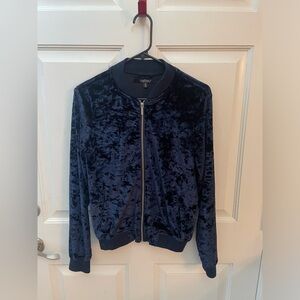 Louise Paris Plush Midnight Blue Velour Zip Front Jacket Silver Zipper - Size M